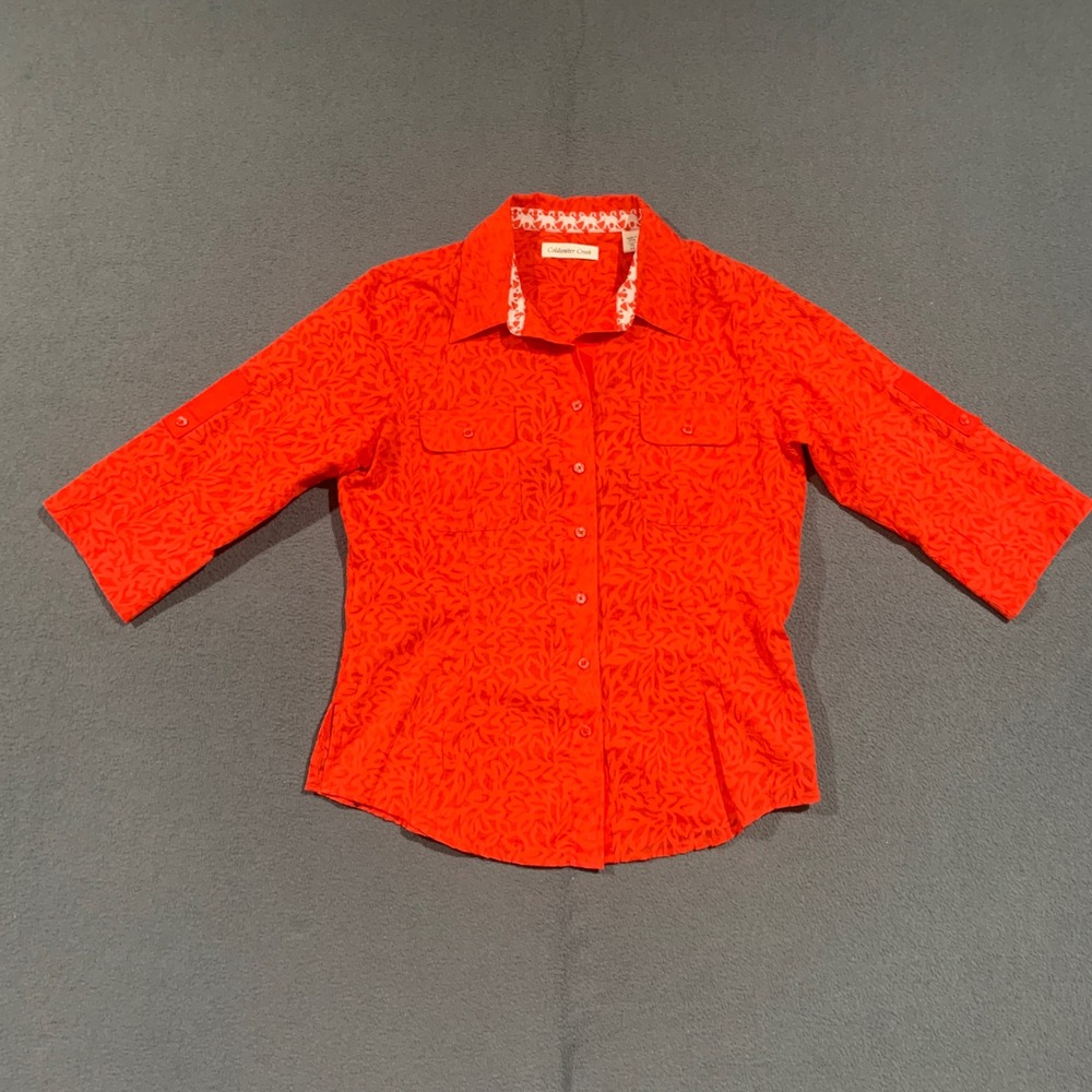 Coldwater Creek Semi Sheer Red Leaf Print Button Front 3/4 Roll Tab Shirt PS 6-8